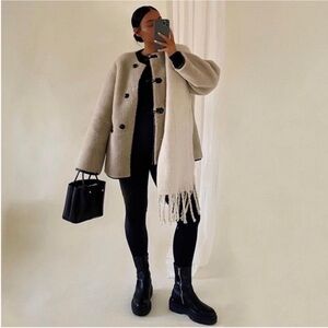 Mango Faux Shearling Chic Cream Coat with Black Accents, New with Tags